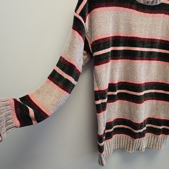 Forever 21 Small Chenille Soft Striped Oversized Sweater Tan Pink Burgundy Green - Picture 3 of 5